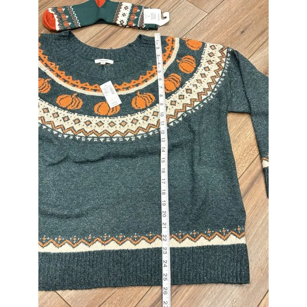 Maurices Cozy Pumpkin Fair Isle Sweater Green and Orange & Socks - Picture 4 of 5